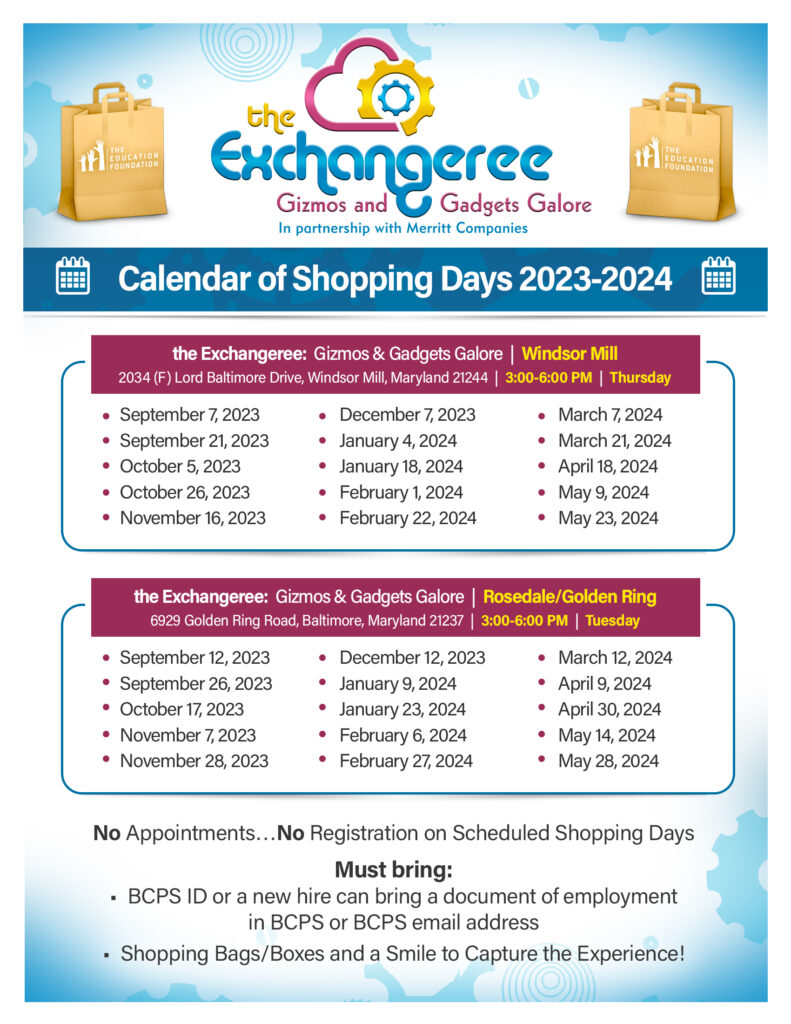 Exchangeree Shopping Dates and Times! Education Foundation BCPS